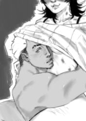 1boy 1girls between_legs bottomless bra breasts canon_couple couple cuddling eclipseshere female hakari_kinji head_under_clothes hoshi_kirara jujutsu_kaisen lying_on_person lying_on_stomach male male/female scars scars_on_legs selfie sweater sweater_lift thick_thighs top_lift trans_woman transfem underboob