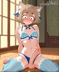 1boy 1femboy :< ai_generated bangs big_penis bra brown_eyes cat_ears catboy choker erection felix_argyle femboy footwear looking_at_penis looking_down midriff short_hair solo testicles viviai