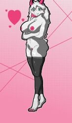anthro ass big_breasts bouncing_breasts bovid breasts caprine claws clothing deltarune female fluffy fluffy_tail fur genitals goat green_eyes grey_body grey_fur grey_wool hair heart_symbol hi_res horn legwear makseqs maksf mammal nipples nude paws pink_nipples ralsei rule_63 solo stockings tail thighs_crossed undertale_(series) vulva wool_(fur)