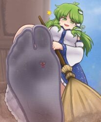 barefoot broom cunlel feet foot_fetish from_below giantess green_eyes green_hair kochiya_sanae reimu_hakurei shrine_maiden tabi touhou
