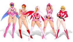 2008 5girls amachi_hiromi belt boots breasts cameltoe cape casshern erect_nipples female gatchaman gloves gowappaa_5_godam helmet highres human hurricane_polymar jun_the_swan kouzuki_luna large_breasts light-skinned_female light_skin lipstick makeup misaki_youko multiple_girls namba_teru navel nipples orange-tinted_eyewear panties pubic_hair purple-tinted_eyewear pussy shirt_lift skin_tight skirt skirt_lift superheroine tekkaman thigh_boots thighhighs thong tinted_eyewear uncensored underwear visor zen_and_retro