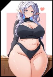 alternate_body_type arm_support arms_at_sides ass_visible_through_thighs blush cleavage_cutout curvy frieren gigantic_ass gigantic_thighs heart heart_reaction highleg huge_breasts mrrollingcircle seductive seductive_look smile sousou_no_frieren thick_thighs wide_hips