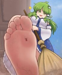 barefoot broom cunlel feet foot_fetish from_below giantess green_eyes green_hair kochiya_sanae reimu_hakurei shrine_maiden touhou