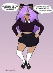 annoyed bear bear_ears black_clothing bow_accessory english_text female female_only floofnfluff hair_covering_eye hairbow hands_on_hips looking_at_viewer looking_up pissed_off purple_hair