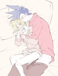 2boys anal anal_sex androgynous blush bottomless clothing cumming_from_anal_sex embarrassed femboy femboy_penetrated galo_thymos handjob jerkingoff_another lio_fotia male on_bed petite petite_body petite_male promare size_difference slim slim_male slim_waist spooning sweater twink wholesome wholesome_sex yaoi