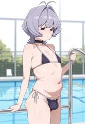 1boy 1femboy 2025 ai_generated anus ass balls bellu bikini black_choker blue_bikini bulge chloechu choker futanari komi-san_wa_komyushou_desu male_only navel nipples nude osana_najimi pectorals penis pool poolside purple_hair steamy_breath testicles thighs