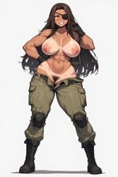1girls ai_generated angry_face big_breasts brown_hair cleavage dictator evita_(zaszs06) eyepatch facial_scar gloves hairy_pussy latina military_uniform muscular muscular_female nipples opened_shirt tall_boots tan_body tan_skin tanline thick_thighs wide_hips zaszs06