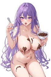 1girls ai ai_generated big_breasts breasts chocolate chocolate_on_breasts eating eating_chocolate eventrue123 female long-haired_female long_hair looking_at_viewer nude nude_female purple-haired_female purple_eyes purple_hair solo solo_female thighs voluptuous voluptuous_female