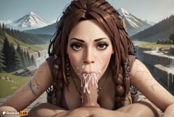 1boy 1boy1girl 1girls ai_generated arm_tattoo artist_name blowjob braid breasts brown_eyes brown_hair cleavage cum cum_in_mouth day erection facial fellatio female forehead freya_(god_of_war) god_of_war god_of_war_ragnarok hi_res jewelry lips long_hair looking_at_viewer medium_breasts mole mole_on_breast mountain necklace norse_mythology nose nude oral outdoors patreon_logo patreon_username penis playstation pov pov_crotch pubic_hair rule34lab santa_monica_studio side_braids solo_focus sony_corporation sony_interactive_entertainment straight tattoo tree twin_braids uncensored veins veiny_penis water