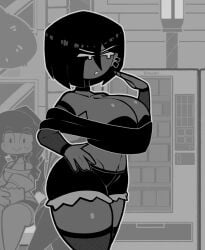 4girls animated animated_gif background_character background_characters between_breasts bob_cut breasts cleavage convenient_breasts cream_(movailarts) dark_skin female female_only fishnet_thighhighs gif mob_face movailarts object_between_breasts oc original_character talking_to_viewer thighhighs thighs victoria's_secret_compartment