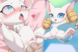 abdominal_bulge bandai_namco blue_eyes blush bodily_fluids clothing cum digimon digimon_(species) duo erection felid female fur gatomon genital_fluids genitals gloves handwear hi_res human interspecies male male/female male_penetrating mammal nude penetration penis sex smaller_female smile stomach_bulge vulva white_body white_fur zerokun135