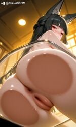 ai_generated animal_ears ass ass_focus black_hair blush flesh_under_glass fox_ears fox_girl glass_floor hoshimi_miyabi huge_butt indoors inner_labia large_butt long_hair looking_at_viewer looking_down low_angle_view navel nude pressed_against_glass pussy red_eyes shineinsfw solo sweat warm_lighting wet_body zenless_zone_zero