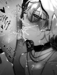 2boys alien_stage black_choker black_eyes blush chain_necklace chains choker cum cum_in_mouth deepthroat ear_piercing fellatio greyscale half-closed_eyes heart highres ivan_(alien_stage) jewelry makeup monochrome multiple_boys necklace oral penis piercing rolling_eyes runny_makeup till_(alien_stage) twitter_username uncensored watermark white_hair wllw_xxx yaoi