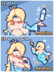 1girls 2koma blonde_hair blue_background blue_dress blue_eyes bottle cleavage ear_piercing english_text epicpotatolord female holding_wand huge_breasts lactation large_breasts mario_(series) milk pixel_art potato princess_rosalina smile solo super_mario_galaxy