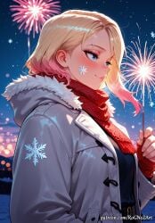 2025 ai_generated anime bangs blonde_hair blue_eyes blush breasts cleavage closed_mouth coat crossover female female_focus fireworks flushed from_side fur-trimmed_hood fur_trim gradient_hair gwen_stacy gwen_stacy_(spider-verse) highres holding hood hood_down lips long_sleeves marvel marvel_comics multicolored_hair neutral_expression night night_sky nsfw open_clothes open_coat outdoors patreon piercing pink_hair red_scarf rognezart scarf short_hair sky sleeves_past_wrists smile smiling snowflakes solo spider-gwen spider-man:_into_the_spider-verse sweater upper_body watermark white_coat winter_clothes winter_coat