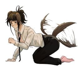 chainsaw_man cleavage dog_ears dog_girl dog_tail on_all_fours pastepiphany scar scar_on_face submissive submissive_female suit suit_and_tie tail tendou_michiko unbuttoned unbuttoned_shirt