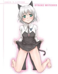 animal_ears bare_legs barefoot blush cat_ears clothing flat_chest green_eyes kanda_aya kneeling necktie no_legwear no_panties pointy_chin sanya_v_litvyak short_hair silver_hair skirt skirt_lift strike_witches tail