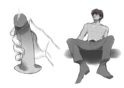 bulge bulge_through_clothing cum cum_on_penis dark_hair distance dripping hand_on_penis handjob jerking jerking_off jerking_off_another jerkingoff jerkingoff_another male male_only manspreading precum remote remote_control shirtless stain stained_clothes stained_clothing stained_pants tanned