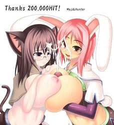 artist_request blush breasts brown_hair bunny_ears cat_ears cum cum_on_hair ejaculation facial female glasses huge_breasts hunter_(ragnarok_online) mage_(ragnarok_online) male milestone_celebration paizuri penis pink_hair ragnarok_online straight sweat tail uncensored