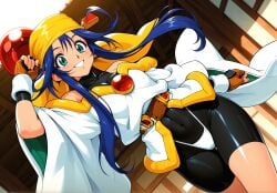 4:3_aspect_ratio 90s ai_generated android audition bandana bare_shoulders blue_hair bodysuit breasts camcorder camera casting_couch cleavage clothing couch curvaceous cute_fang desk female female_only fingerless_gloves furniture gloves green_eyes indoors interview jewelry large_breasts light-skinned_female light_skin lime_(saber_j) long_hair mirie oerba_yun_fang oldschool on_couch open_mouth presenting presenting_self saber_marionette_j sitting sitting_on_couch skin_tight skindentation solo spandex speech_bubble thick_thighs thighs thong traditional_clothes underwear wafuku waifuhub white_thong white_thong_panties white_underwear wide_hips