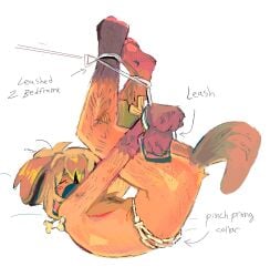 2025 anthro arms_tied bondage bone_collar_tag bound canid canine canis chain_leash chained chains closed_eyes collar_tag domestic_dog english_text hoofcoochie leash legs_tied male male_anthro mammal mastectomy_scar pawpads restricted scar simple_background solo tail text