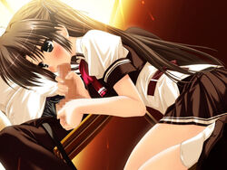 ball_caress black_hair blush caressing_testicles censored classroom fellatio game_cg kamipani! katase_megumi oral penis school_uniform serafuku shintarou sunset