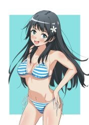 1girls arm_behind_back big_breasts bikini black_hair blush breasts busty cleavage female female_only flower hair_flower hair_ornament hand_on_own_hip highres large_breasts legs long_hair looking_at_viewer navel open_mouth saten_ruiko side-tie_bikini_bottom smile solo striped_bikini striped_clothes swimsuit teeth thighs to_aru_kagaku_no_railgun to_aru_majutsu_no_index tongue underboob very_long_hair voluptuous