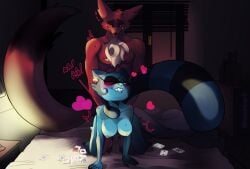 4_fingers anthro anthro_on_anthro anthro_penetrated anthro_penetrating anthro_penetrating_anthro black_nose blue_body blue_eyes blue_fur breasts canid canine canis card cazadora_(rentonreverb) chest_tuft closed_eyes coyote dandy_(rentonreverb) duo female female_penetrated fingers from_behind_position fur hi_res lolasummer5 male male/female male_penetrating male_penetrating_female mammal markings nipples nude nude_anthro nude_female nude_male one_eye_closed penetration penile penile_penetration playing_card procyonid raccoon red_body red_fur ring_(marking) ringed_tail sex striped_markings striped_tail stripes tail tail_markings teeth tuft