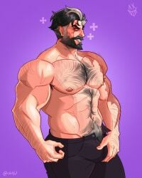 bara barazoku beard big_pecs bulge chest_hair ctrlfzl daddy deadlock grabbing_bulge hairy hairy_chest male male_only manly masculine masculine_male mature mature_male muscular muscular_male scar scar_across_eye scar_on_face smile smiling solo venator_(deadlock)