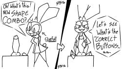 16:9 anthro bedroom_eyes black_and_white blush clothing dialogue dildo english_text female hi_res holding_dildo holding_object holding_sex_toy innuendo lagomorph mammal monochrome narrowed_eyes seductive sex_toy shadowthesnek solo speech_bubble sweater text topwear turtleneck two_panel_image vib-ribbon vibri widescreen