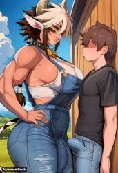 1boy 1futa 1girls ai_generated animal_ears artist_name assertive_female barn bell big_breasts breasts brown_eyes brown_hair bulge cathyl commission cow_ears cow_horns cow_humanoid cowgirl english farm farmgirl femdom futanari hi_res high_resolution highres horn horns horse_penis horsecock horsecock_futa horsecock_on_humanoid huge_breasts male male/female male/futa monster_musume_no_iru_nichijou muscular muscular_female outdoors overalls patreon patreon_url renz3n short_hair shorter_male skindentation taller_female tight_clothing tight_fit tomboy two-tone_hair watermark white_hair younger_male