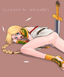 blonde_hair blue_eyes blush braid censored cum g-room_honten legend_of_valkyrie long_hair lying sword valkyrie_(lov) weapon