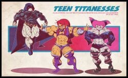 3girls abs biceps breasts cape cloak dc dc_comics female gettar82 green_eyes hair jinx_(dc) justice_league long_hair muscles muscular muscular_arms muscular_female muscular_legs muscular_thighs needs_breasts needs_larger_breasts pecs pink_eyes pink_hair purple_eyes raven_(dc) red_hair ripped_clothing small_breasts starfire teen_titans