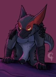 2026 anthro beak bed bedroom bedroom_eyes capcom climbing digital_drawing_(artwork) digital_media_(artwork) erection flying_wyvern foreskin furniture genitals grey_body hi_res humanoid_genitalia humanoid_penis leaning leaning_forward long_ears looking_at_viewer male masikerin monster_hunter multicolored_body nargacuga narrowed_eyes penis scales seductive simple_background smile solo two_tone_body yellow_eyes