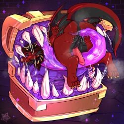 absurd_res ambysweetdragon anal anal_sex animal_genitalia anthro black_body black_lips black_scales brown_hair chest_(container) dragon ear_piercing ear_ring egg egg_implantation eyeliner eyeshadow forced genital_slit genitals gold_(metal) gold_jewelry hi_res horn jewelry looking_pleasured makeup male mimic mythological_creature mythological_scalie mythology opal_(dragontheseballz) oviposition penetration penis piercing pink_penis red_body red_scales restrained restrained_arms ring_piercing scales scalie tail wings