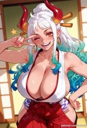 ai_generated balecxi cleavage collarbone curled_horns female female_only green_hair hair_ornament hair_stick hakama hakama_pants hand_on_own_hip hip_vent hoop_earrings huge_breasts indoors japanese_clothes jewelry leaning_forward long_hair looking_at_viewer multicolored_hair multicolored_horns one_eye_closed one_piece oni open_mouth orange_eyes pants patreon_username red_horns sleeveless_kimono smile solo v v_over_eye web_address white_hair yamato_(one_piece)