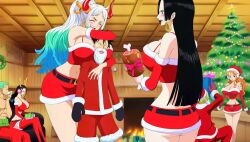 ai_generated before_sex big_breasts black_hair blush boa_hancock busty christmas christmas_outfit comic curvy curvy_body curvy_female curvy_figure female hourglass_figure huge_breasts male monkey_d._luffy monkey_d_luffy one_piece tall_female tbaanime thick_thighs trio white_hair wide_hips yamato_(one_piece)