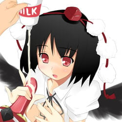 \m/ black_hair black_wings handjob hat high_resolution ikusan mask milk penis red_eyes sexually_suggestive shameimaru_aya solo tengu_mask touhou wings