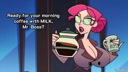 1girls 2026 belly big_breasts bra breast_expansion breasts clothed clothes digital_media_(artwork) douchecorp_secretary female female_only glasses helluva_boss human human_female large_breasts otakusedits pink_hair screenshot_edit secretary solo solo_female solo_focus text thick_thighs vivziepop