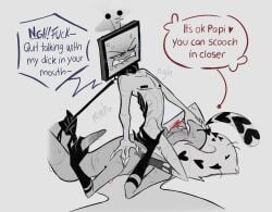 2boys 4_arms antennae_(anatomy) big_penis black_gloves claws collar craxkers english english_text gay gills glasses gloves grabbing hand_on_head hazbin_hotel heart heart-shaped_areola leash leash_pull long_tongue looking_at_another looking_at_partner monochrome naked non-human nude oral oral_penetration oral_sex penis sharp_claws sharp_teeth size_difference socks speech_bubble square_nipples sweat sweatdrop tongue tongue_out tv_head valentino_(hazbin_hotel) vox_(hazbin_hotel) yaoi