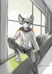 andromorph anthro clothing corridor digital_media_(artwork) hi_res hoodie hym_(artist) intersex lace_panties solo topwear tough_guy