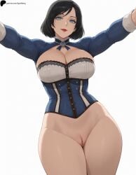 1girls ai_generated bioshock bioshock_infinite black_hair blue_corset blue_eyes blue_sleeves bob_cut breasts cleavage closed_mouth corset elizabeth_comstock female hi_res high_quality high_resolution highres large_breasts light lips lipstick looking_at_viewer nose nude opal_nemy patreon_logo patreon_url patreon_username plain_background pussy red_lips self_upload shadow shiny shiny_clothes shiny_hair shiny_skin short_hair simple_background solo spread_arms standing thick_thighs thighs watermark white_background wide_hips