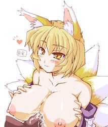 animal_ears blonde_hair breasts cum cum_on_body cum_on_breasts cum_on_upper_body female fox_ears fox_tail gekkou_ookami happy large_breasts male nipples paizuri penis ran_yakumo short_hair straight tail touhou