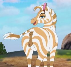 2026 animal_genitalia animal_vulva anus brown_stripes day dhahabu disney equid equine equine_genitalia equine_vulva female feral fur genitals hi_res hybrid looking_at_viewer looking_back looking_back_at_viewer mammal mane open_mouth outside quadruped rear_view skateryena solo standing striped_body stripes tail tail_tuft teeth the_lion_guard the_lion_king tongue tuft white_body white_fur zebroid zorse