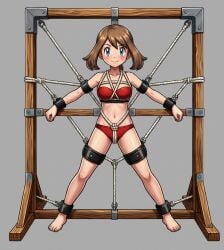 1girls 2d ai_generated ankle_cuffs arm_cuffs blue_eyes blush bondage bondage_furniture brown_hair brunette_hair captured captured_heroine crotch_rope cuffs female female_focus female_only leg_cuffs light_skin looking_at_viewer may_(pokemon) no_background pokemon rope_bondage ropes spread_eagle spread_legs tied_up tight_clothing tubetop wrist_cuffs