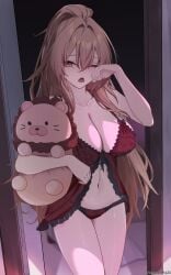 alphaart alternate_costume artist_name azur_lane babydoll bangs bare_shoulders black_background blush bow bow_panties bra breasts brown brown_hair cleavage collarbone crossed_bangs doorway eyes female hair_between_eyes_ hair_intakes hand_up holding holding_stuffed_toy large_breasts lingerie lion_(azur_lane) long_hair looking_at_viewer messy_hair navel one_eye_closed open_door open_mouth panties pov_doorway red_babydoll red_bra red_panties sidelocks solo standing stuffed_animal stuffed_lion stuffed_toy thighs underwear very_long_hair