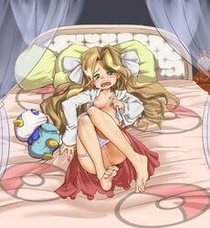 barefoot bed blush breasts brown_hair caitlin_(pokemon) censored feet female female_only foot_fetish frontier_brain green_eyes human human_only long_hair lying midriff navel nipples on_bed open_clothes open_mouth open_shirt panties panty_pull pillow pokemon pokemon_bw pussy pussy_juice saliva shirt skirt soles solo tears underwear zaitsu