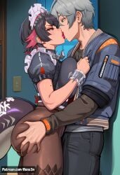 1boy 1girls ai_generated artist_name ass_grab big_ass big_breasts big_butt bimbo_lips black_hair breasts commission ellen_joe english facial_mark female gray_hair green_eyes hair_ornament hi_res high_resolution highres kissing large_breasts light-skinned_female light-skinned_male maid maid_uniform male patreon patreon_url red_eyes red_hair renz3n shark shark_girl sharp_teeth short_hair straight thiren two-tone_hair watermark wise_(zenless_zone_zero) zenless_zone_zero