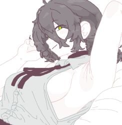 arm_up armpit armpit_fetish armpits black_choker black_hair black_ribbon blush_stickers breasts chainsaw_man choker collared_shirt commentary female from_side green_eyes hair_between_eyes long_hair_between_eyes looking_at_viewer lying medium_breasts moppynoko neck_ribbon on_back on_bed reze_(chainsaw_man) ribbon shirt sideboob simple_background sleeveless sleeveless_shirt smile solo upper_body white_background