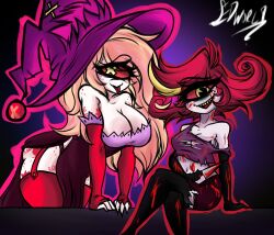 blood_on_face blood_stain cherri_bomb cherri_bomb_(hazbin_hotel) edworld halloween hazbin_hotel large_breasts larger_female niffty one_eye smaller_female succubus thick_thighs thigh_strap thighhighs witch witch_costume witch_hat